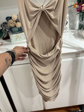 Beige Ruched Open-Back Women's Dress